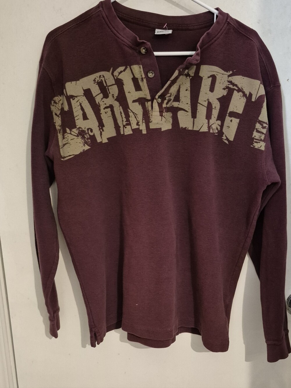 Carhartt Maroon/burgundy Long Sleeve Henley Shirt With Distressed Logo Sz.L